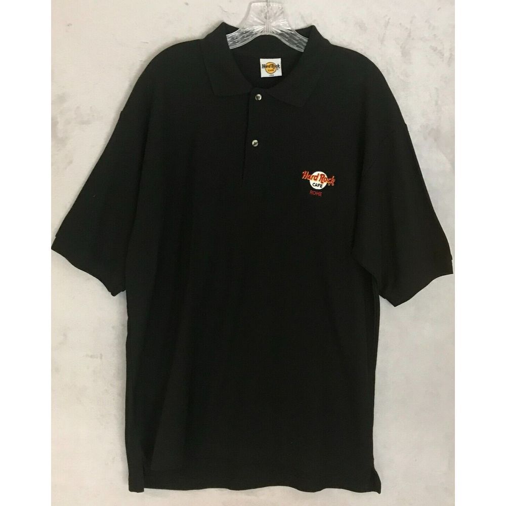 Hard Rock Cafe Rome Polo Golf‎ Shirt Embroidered Mens Black Short Sleeve Large